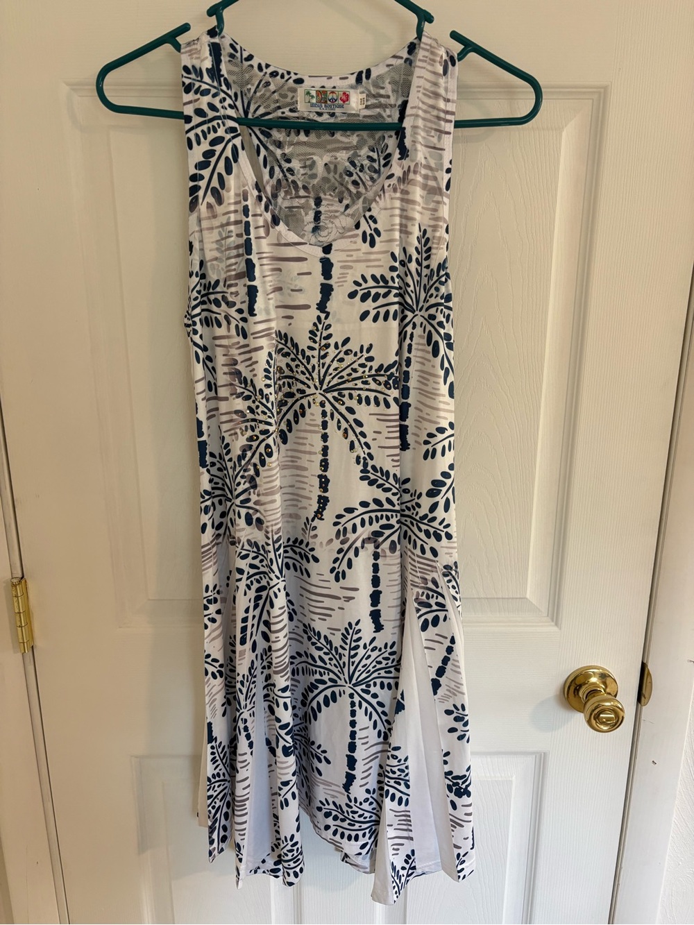 India Boutique White Dress with Navy and Taupe Leaf Print